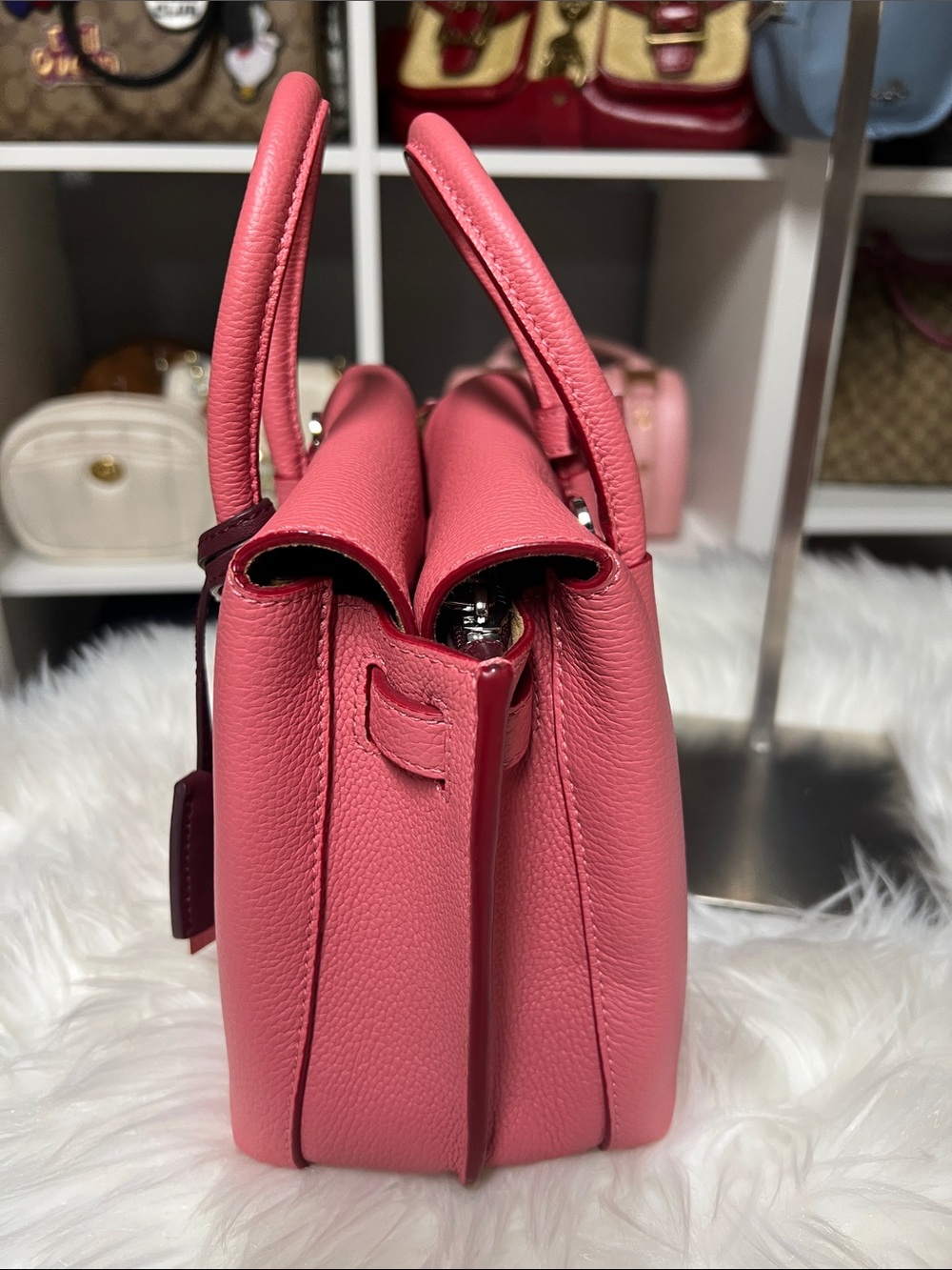 MCM Coral Pink Leather Top-Handle Satchel with Burgundy Tag - Picture 5 of 10
